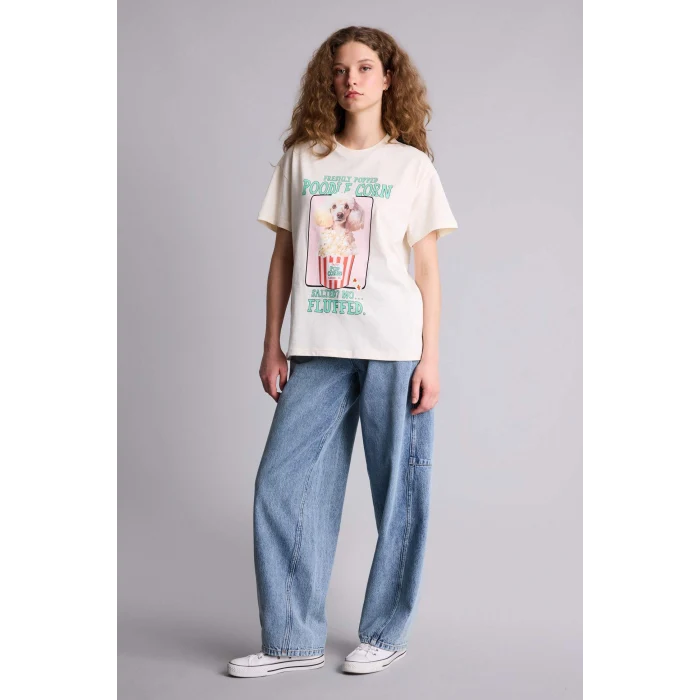 Defacto G9003AXER103 Ekru Oversıze Baskılı Tişört