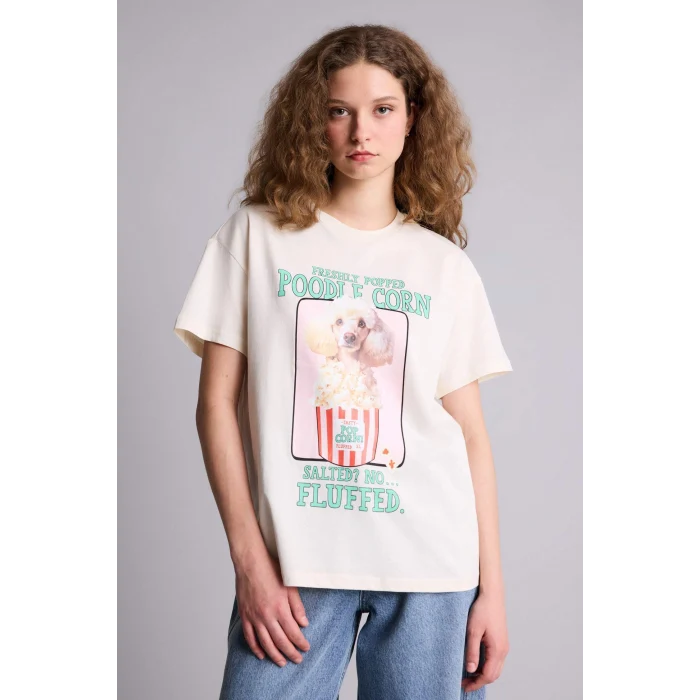 Defacto G9003AXER103 Ekru Oversıze Baskılı Tişört