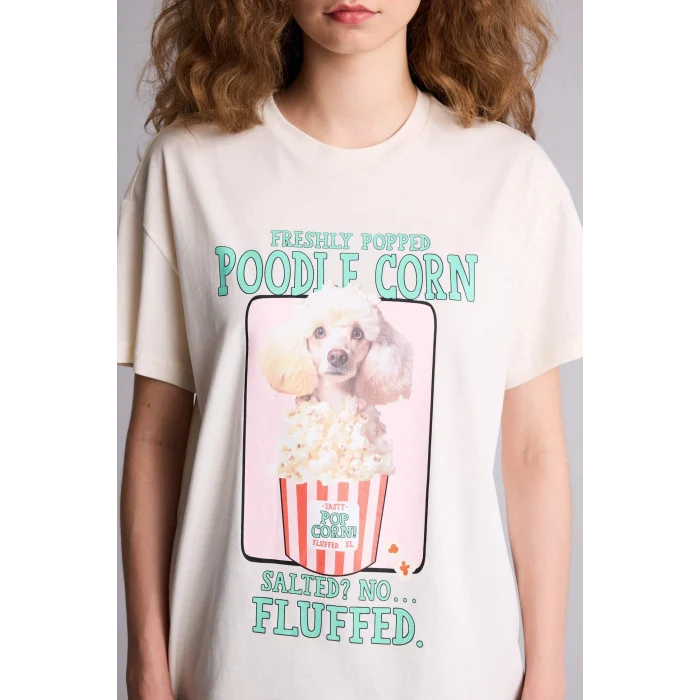 Defacto G9003AXER103 Ekru Oversıze Baskılı Tişört