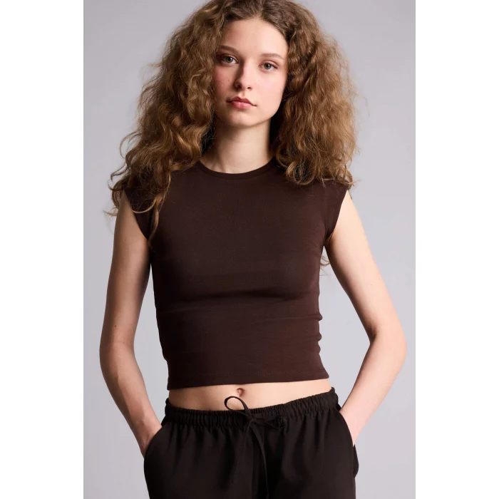 Defacto H1129AXBN267 Kahve Fıtted Ribana Tişört