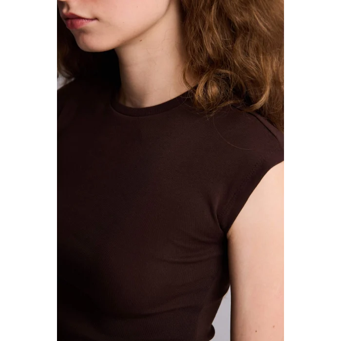 Defacto H1129AXBN267 Kahve Fıtted Ribana Tişört