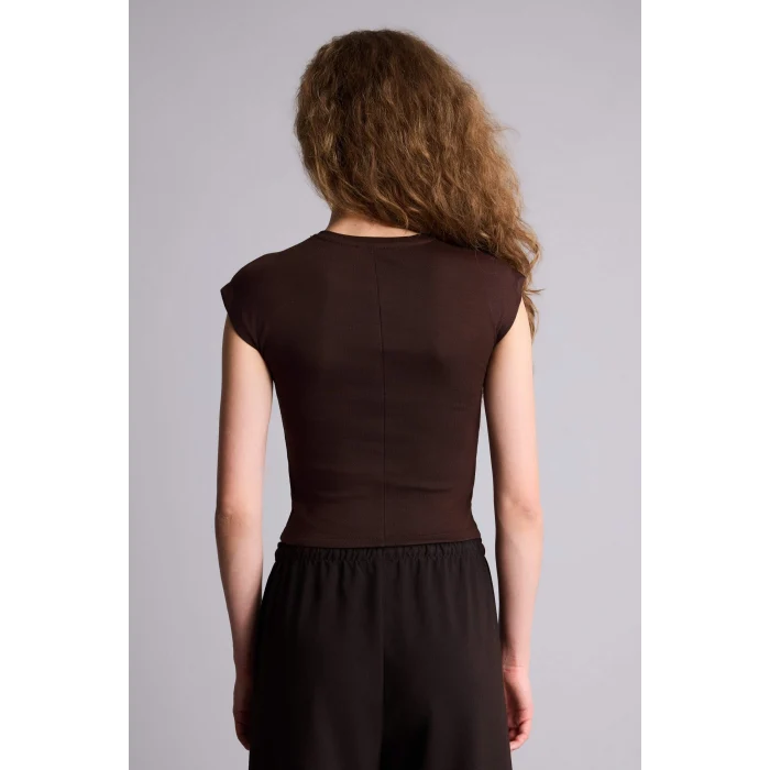 Defacto H1129AXBN267 Kahve Fıtted Ribana Tişört