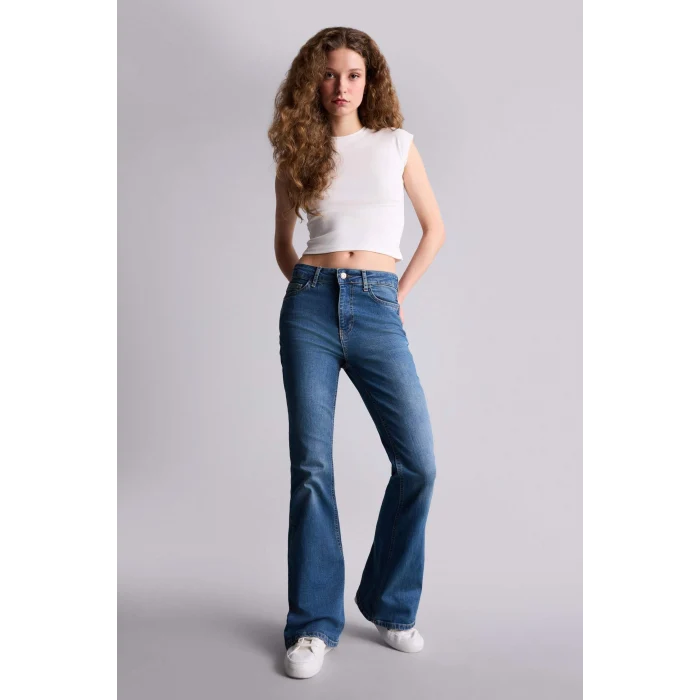 Defacto H1128AXNM28 Mavi Mia Flare Fıt Yüksek Bel Uzun Jean Yıkamalı Pantolon