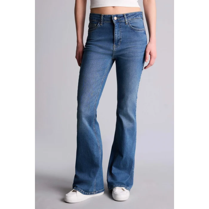 Defacto H1128AXNM28 Mavi Mia Flare Fıt Yüksek Bel Uzun Jean Yıkamalı Pantolon