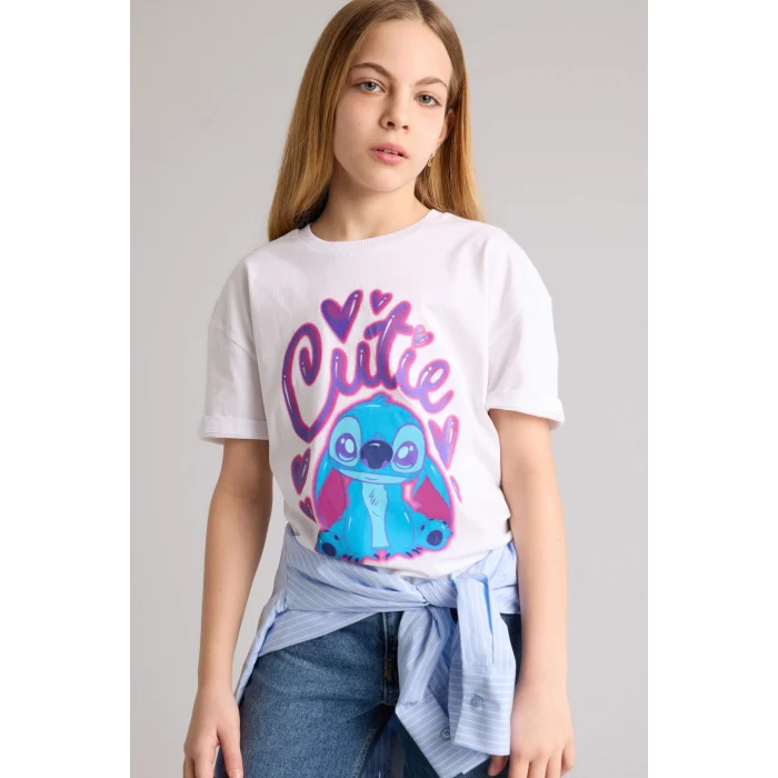Defacto G8184A8WT34 Beyaz Dısney Lılo & Stıtch Tişört Kız Çocuk