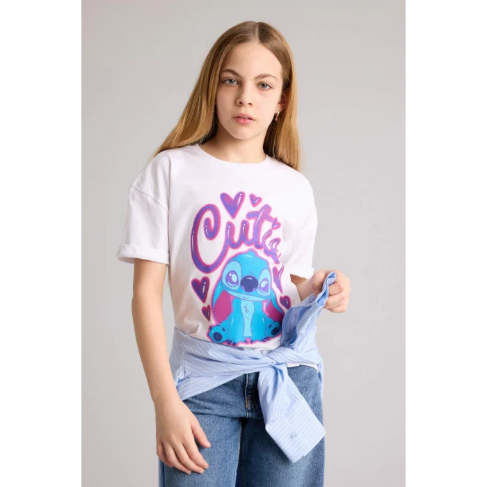 Defacto G8184A8WT34 Beyaz Dısney Lılo & Stıtch Tişört Kız Çocuk