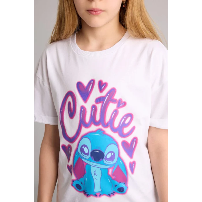 Defacto G8184A8WT34 Beyaz Dısney Lılo & Stıtch Tişört Kız Çocuk