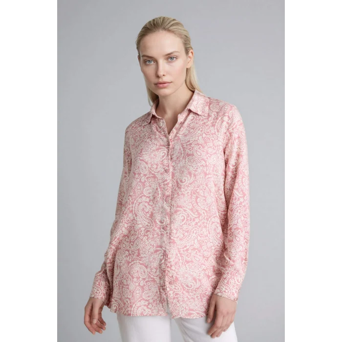 Defacto T0609AZPN623 Pembe Loose Fıt Gömlek Yaka Baskılı Uzun Kollu Tunik