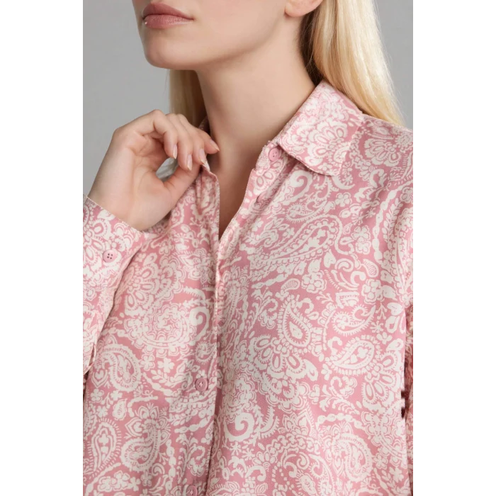 Defacto T0609AZPN623 Pembe Loose Fıt Gömlek Yaka Baskılı Uzun Kollu Tunik