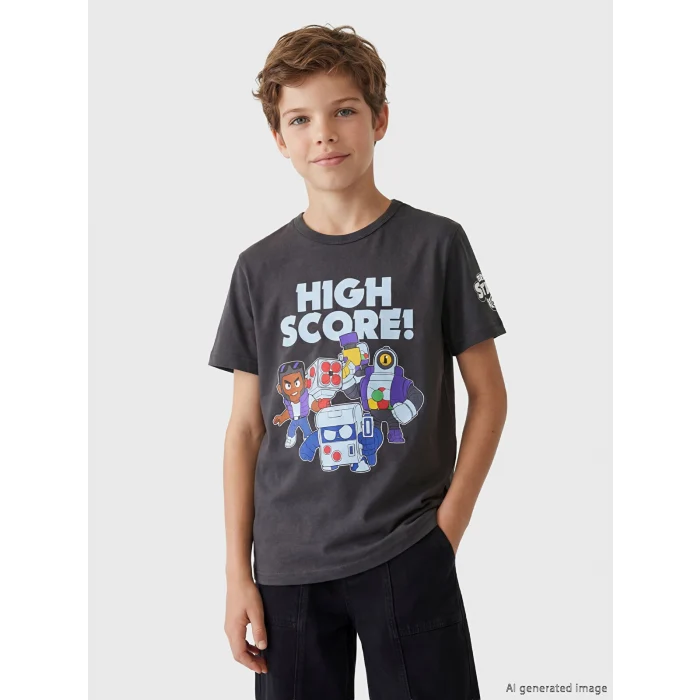 LCW Kids Antrasit Bisiklet Yaka Brawl Stars Baskılı Erkek Çocuk Tişört