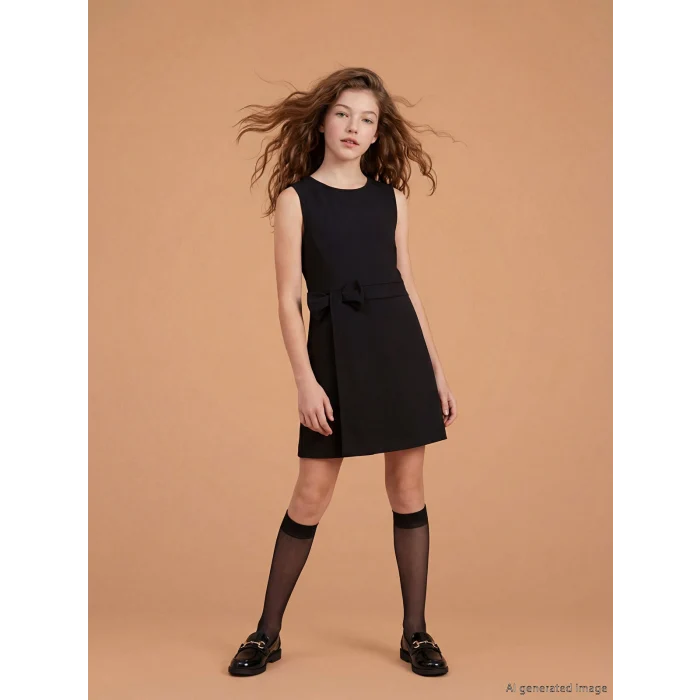 LCW Kids Siyah Bisiklet Yaka Fiyonklu Kız Çocuk Elbise