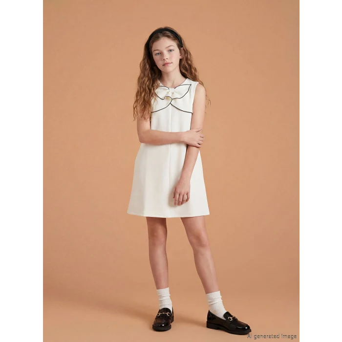 LCW Kids Ekru Bisiklet Yaka Fiyonk Detaylı Kız Çocuk Elbise