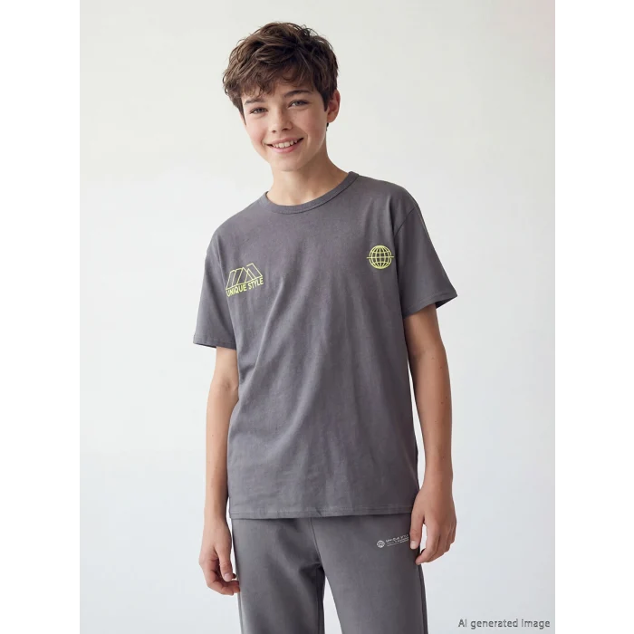 LCW Kids Gri Bisiklet Yaka Baskılı Erkek Çocuk Tişört