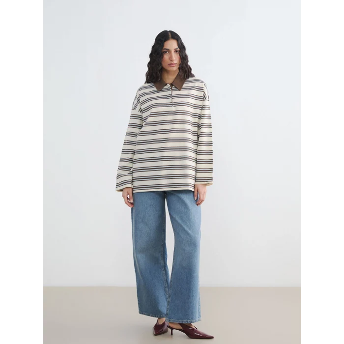 LCW Modest Mavi Polo Yaka Çizgili Kadın Sweatshirt Tunik