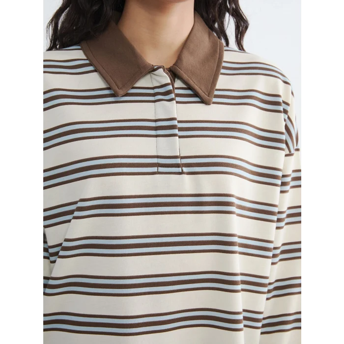 LCW Modest Mavi Polo Yaka Çizgili Kadın Sweatshirt Tunik