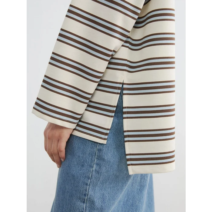 LCW Modest Mavi Polo Yaka Çizgili Kadın Sweatshirt Tunik