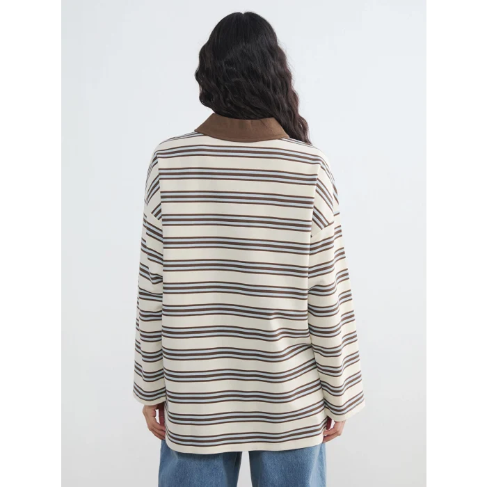 LCW Modest Mavi Polo Yaka Çizgili Kadın Sweatshirt Tunik