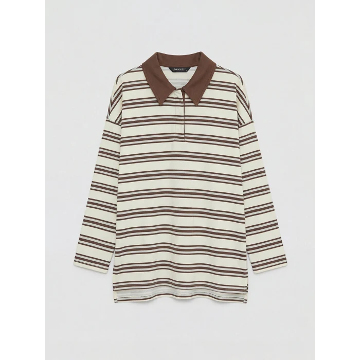 LCW Modest Mavi Polo Yaka Çizgili Kadın Sweatshirt Tunik