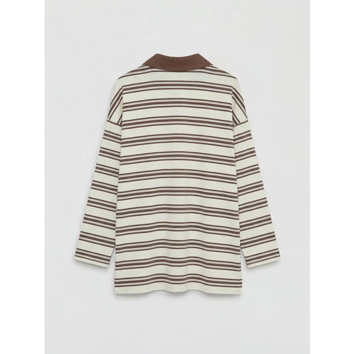 LCW Modest Mavi Polo Yaka Çizgili Kadın Sweatshirt Tunik