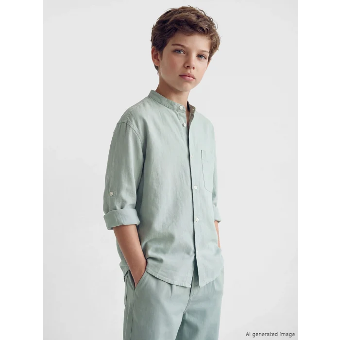 LCW Kids Yeşil Hakim Yaka Keten Karışımlı Erkek Çocuk Gömlek