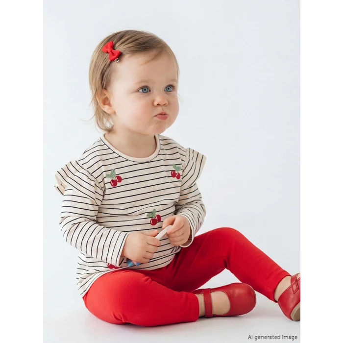 LCW baby Bej Çizgili Nakışlı Kız Bebek Tişört ve Tayt