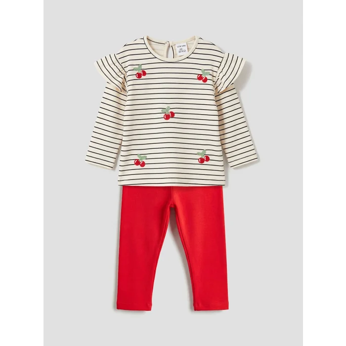 LCW baby Bej Çizgili Nakışlı Kız Bebek Tişört ve Tayt