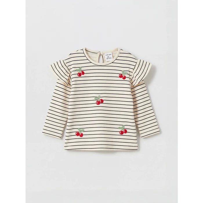 LCW baby Bej Çizgili Nakışlı Kız Bebek Tişört ve Tayt