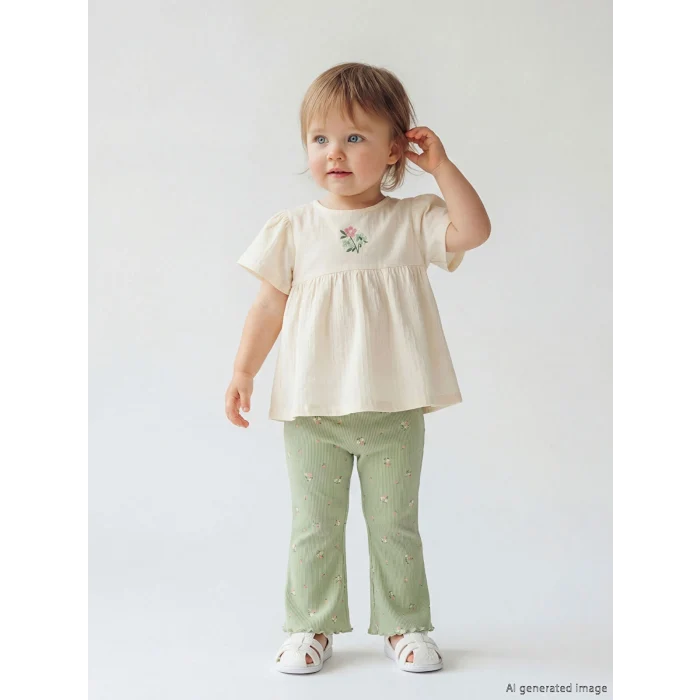 LCW baby Bej Çiçek Desenli Kız Bebek Bluz ve Tayt