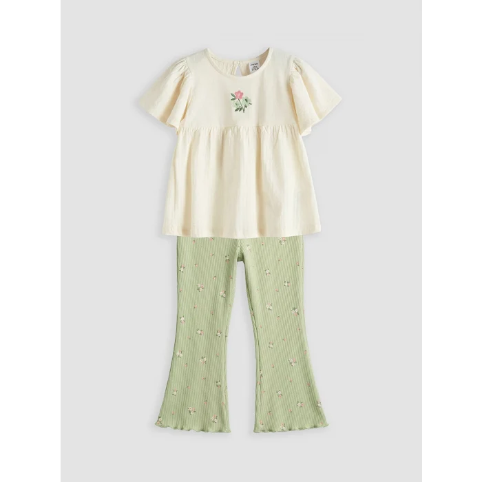 LCW baby Bej Çiçek Desenli Kız Bebek Bluz ve Tayt