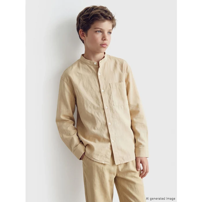 LCW Kids Bej Hakim Yaka Keten Karışımlı Erkek Çocuk Gömlek