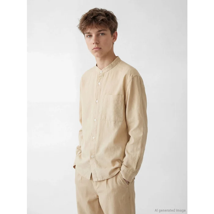 LCW Kids Bej Hakim Yaka Keten Karışımlı Erkek Çocuk Gömlek