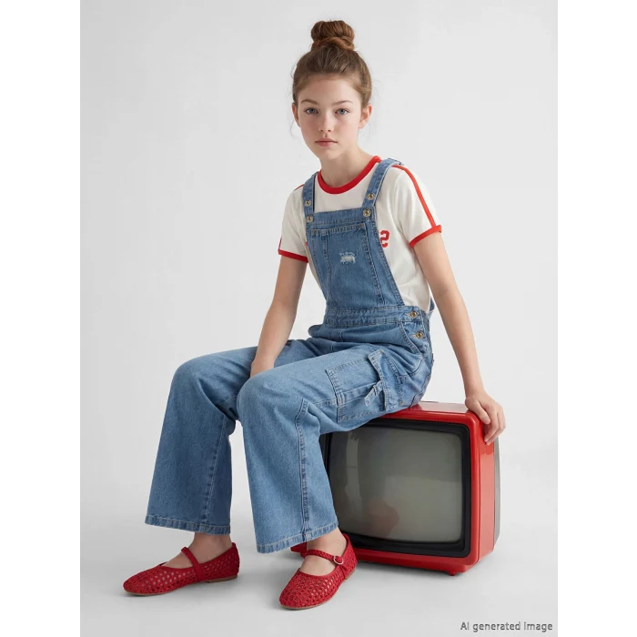 LCW Kids Mavi Yırtık Detaylı Kız Çocuk Kargo Jean Salopet