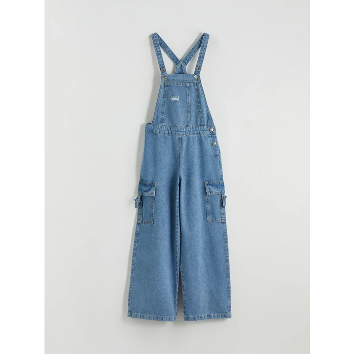 LCW Kids Mavi Yırtık Detaylı Kız Çocuk Kargo Jean Salopet
