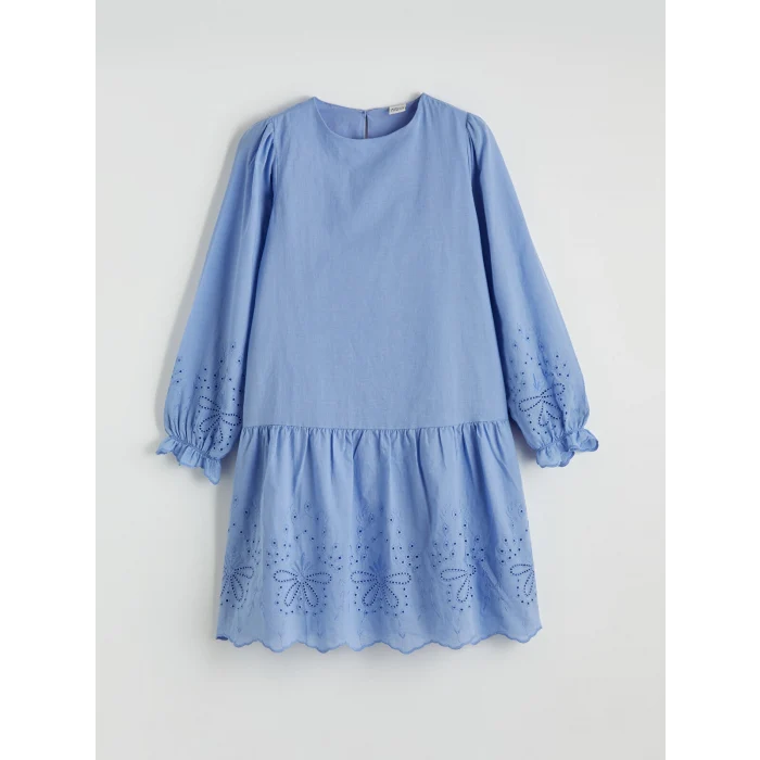 LCW Kids Mavi Bisiklet Yaka Fisto Detaylı Kız Çocuk Poplin Elbise