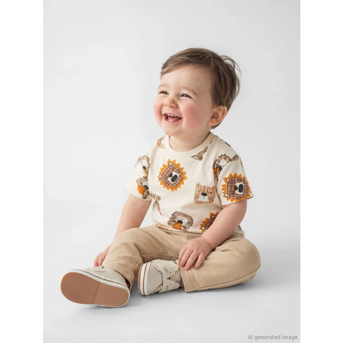 LCW baby Ekru Bisiklet Yaka Hayvan Baskılı Erkek Bebek Tişört ve Pantolon