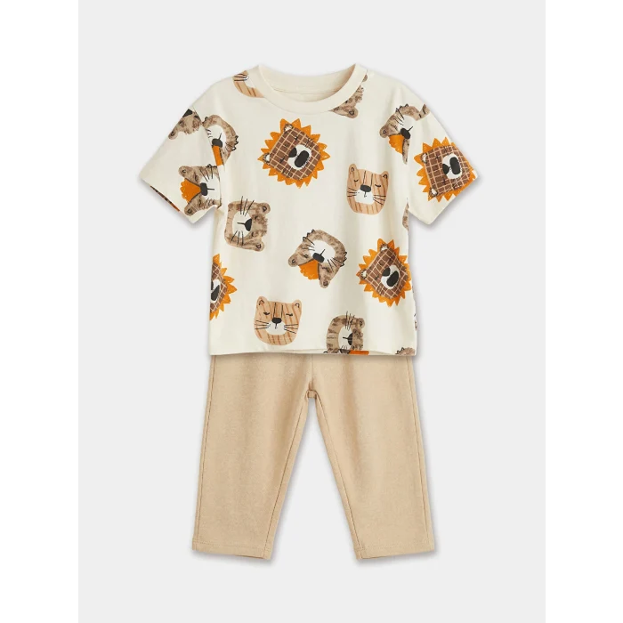 LCW baby Ekru Bisiklet Yaka Hayvan Baskılı Erkek Bebek Tişört ve Pantolon