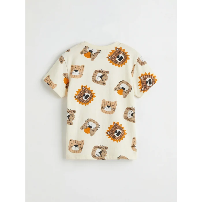 LCW baby Ekru Bisiklet Yaka Hayvan Baskılı Erkek Bebek Tişört ve Pantolon