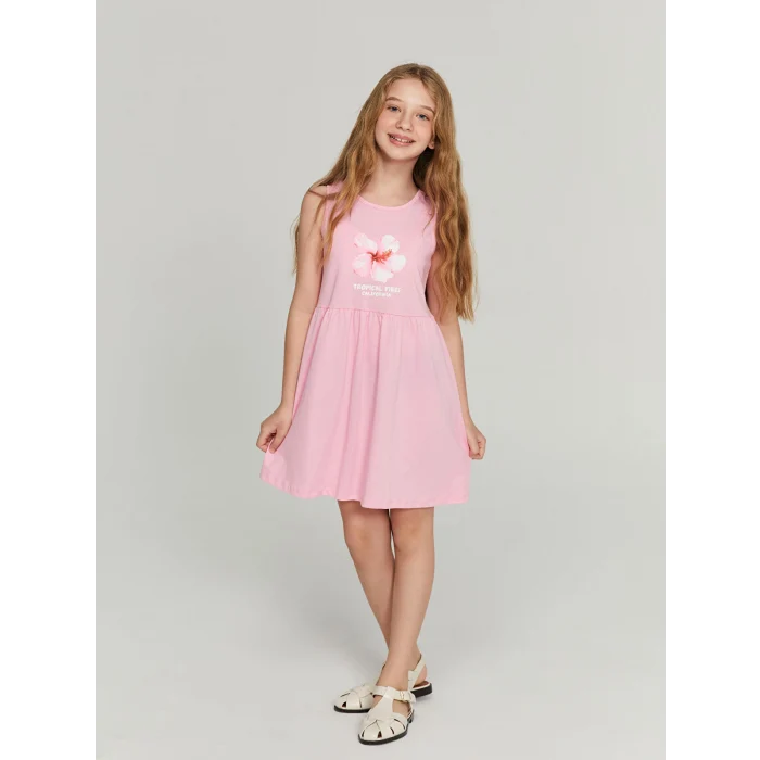 LCW Kids Pembe Bisiklet Yaka Çiçekli Kız Çocuk Elbise