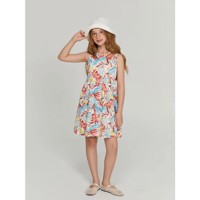 LCW Kids Ekru Bisiklet Yaka Kız Çocuk Elbise