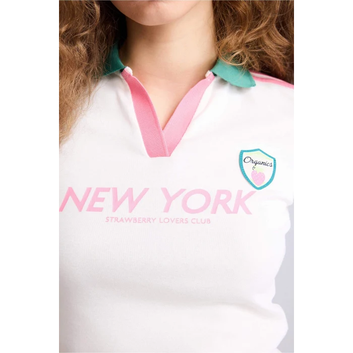 Defacto H0166AXWT32 Beyaz Fıtted V Yaka Baskılı Ribana Kısa Kollu Tişört