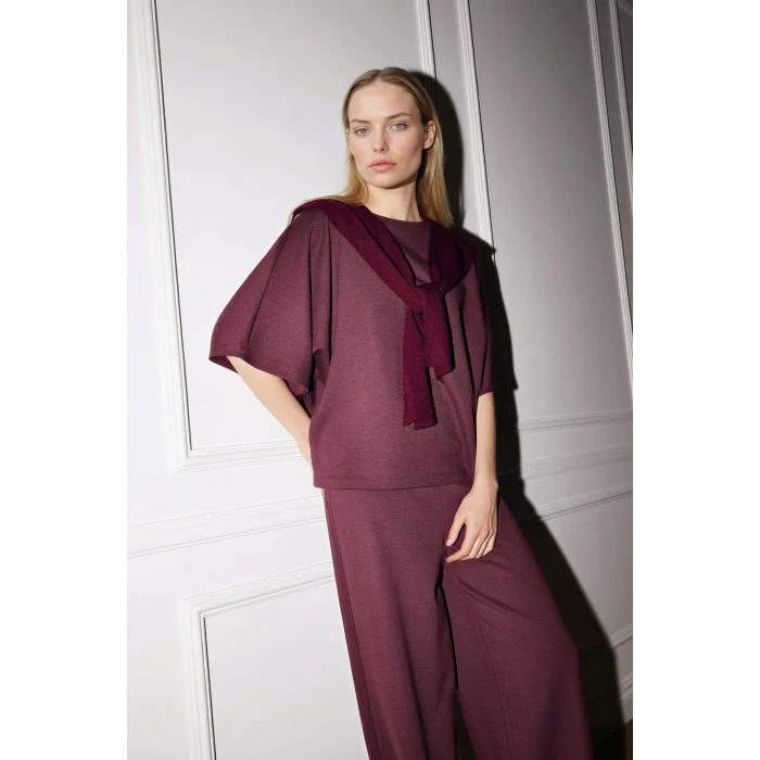 Defacto G9274AXBN277 Bordo Kayık Yaka Yarım Kollu Tişört