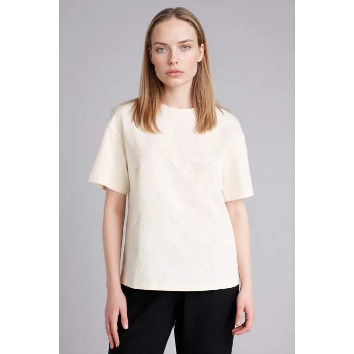 Defacto G9263AXER105 Ekru Relax Fıt Desenli Penye Tişört