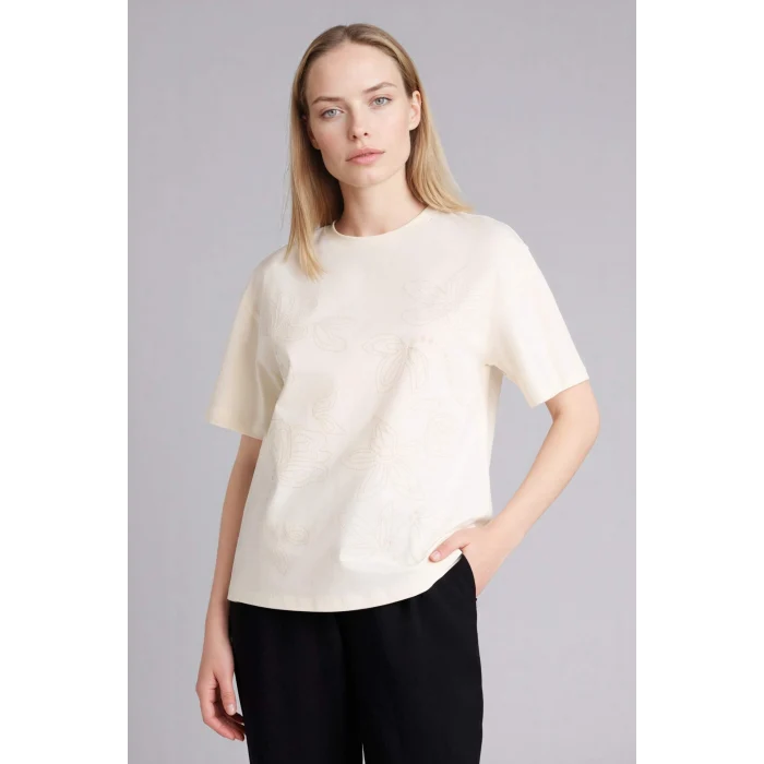 Defacto G9263AXER105 Ekru Relax Fıt Desenli Penye Tişört