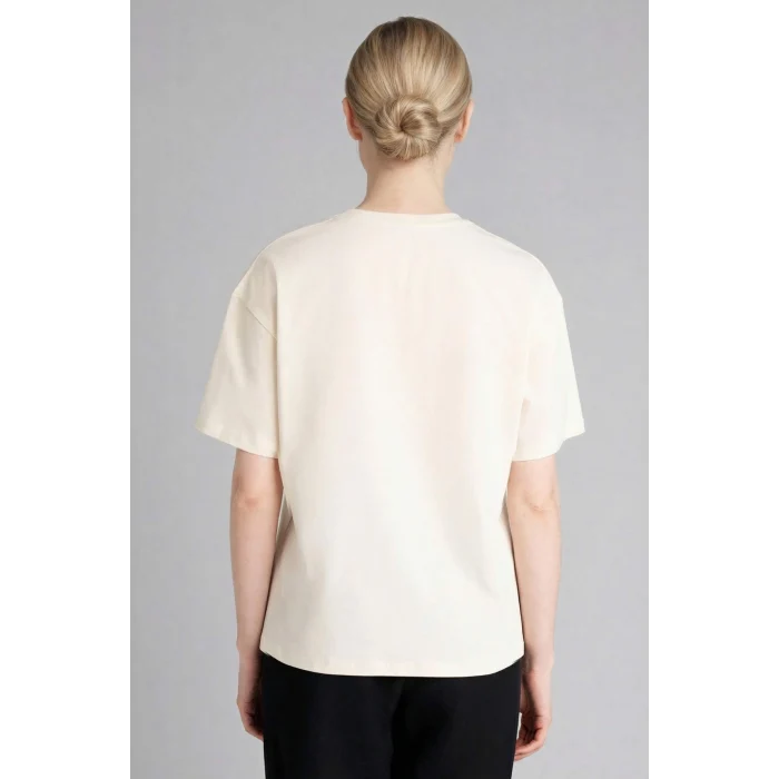 Defacto G9263AXER105 Ekru Relax Fıt Desenli Penye Tişört