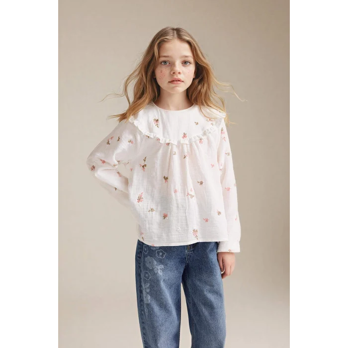 Defacto G7746A8ER105 Ekru Çiçek İşlemeli Müslin Bluz Kız Çocuk