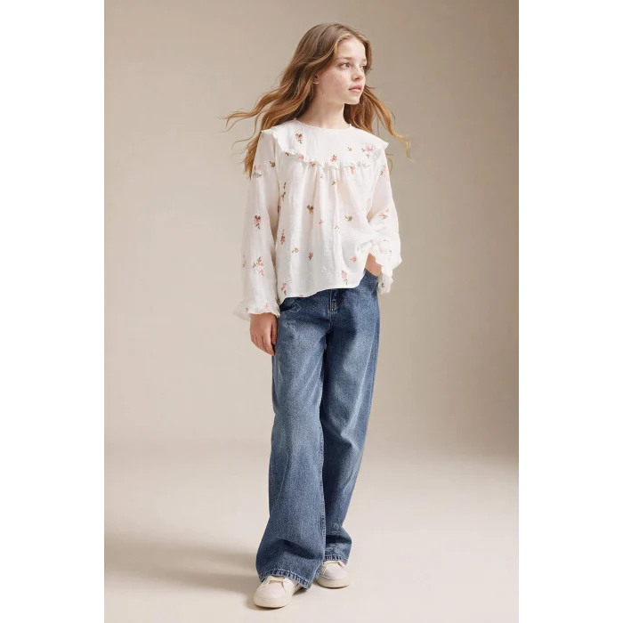 Defacto G7746A8ER105 Ekru Çiçek İşlemeli Müslin Bluz Kız Çocuk