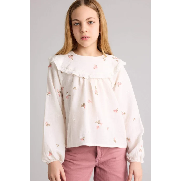 Defacto G7746A8ER105 Ekru Çiçek İşlemeli Müslin Bluz Kız Çocuk