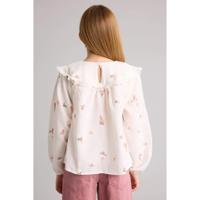 Defacto G7746A8ER105 Ekru Çiçek İşlemeli Müslin Bluz Kız Çocuk