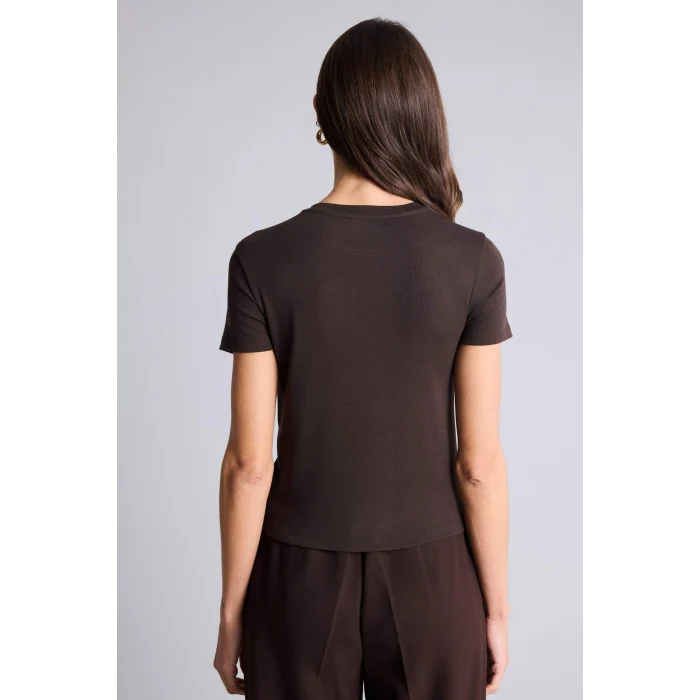Defacto G9551AXBN267 Kahve Slım Fıt Aksesuar Detaylı Ribana Tişört