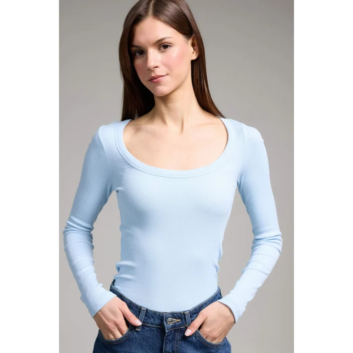 Defacto G8479AXBE366 Mavi Slım Fıt Yuvarlak Yaka Basıc Düz Fitilli Kaşkorse Uzun Kollu Tişört